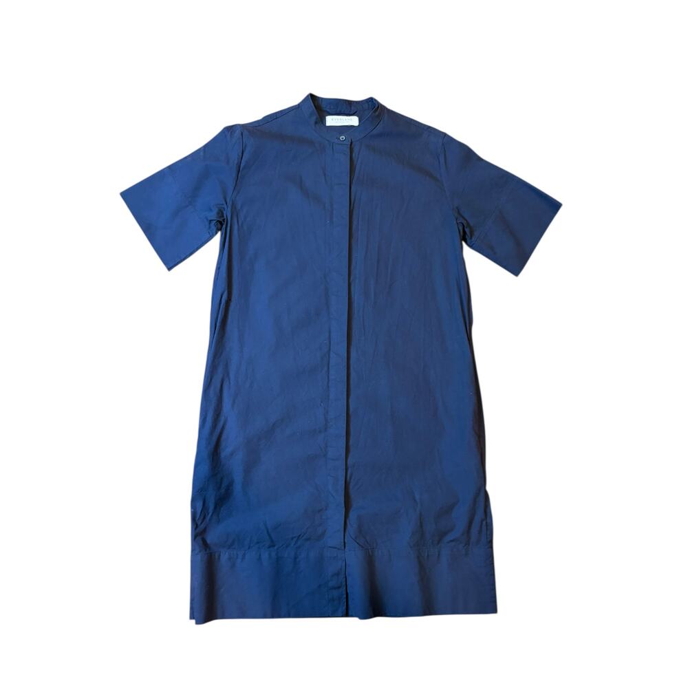 EVERLANE Women's The Cotton Collarless Shirtdress Size 0 Navy Blue Midi Button - Picture 2 of 7